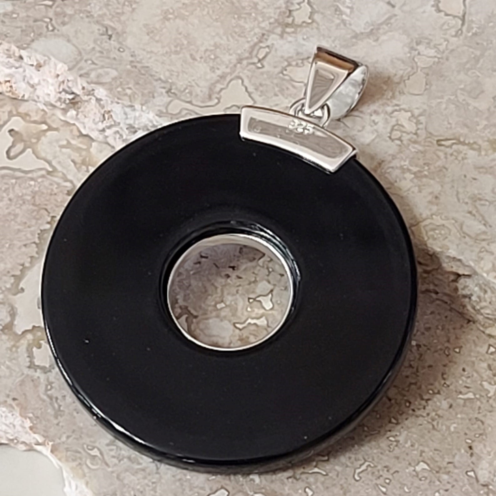 Black Onyx and 925 Sterling Silver Cut out Disc Pendant