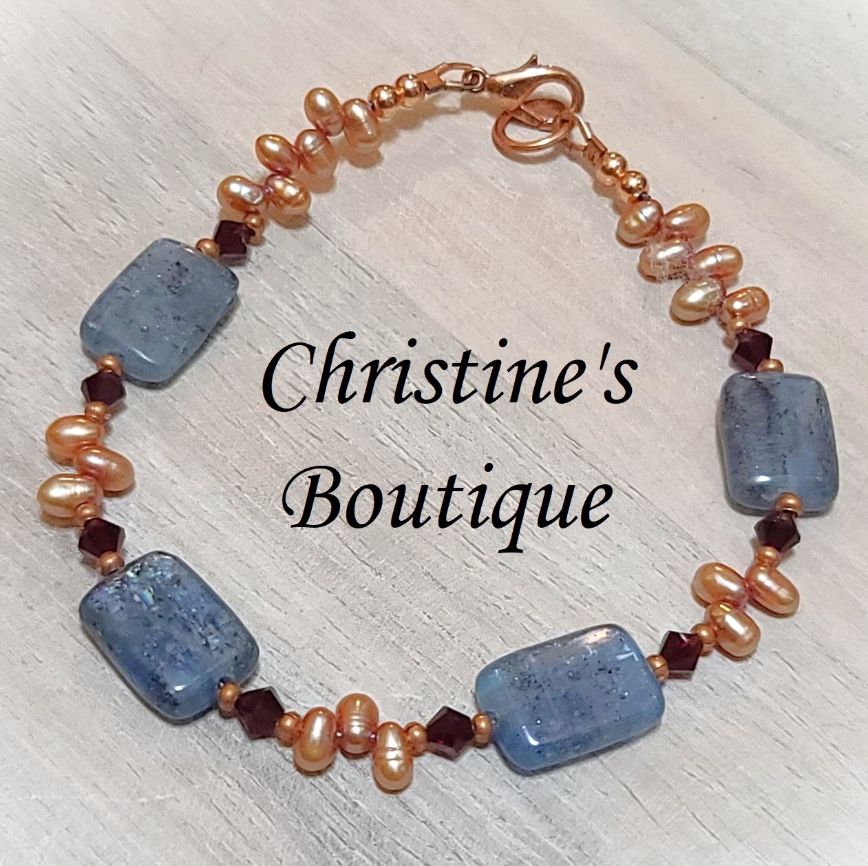 Gemstone bracelet, kyanite mineral, freshwater pearls & crystal - Click Image to Close