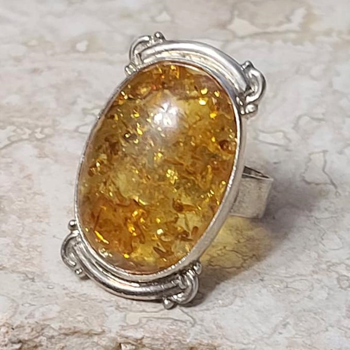 Amber Gemstone 925 Sterling Silver Ring Size 8 3/4"