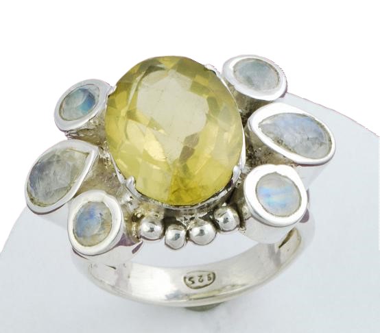 Moonstone & Citrine Quartz Gems 925 Sterling Silver Ring 8 1/4