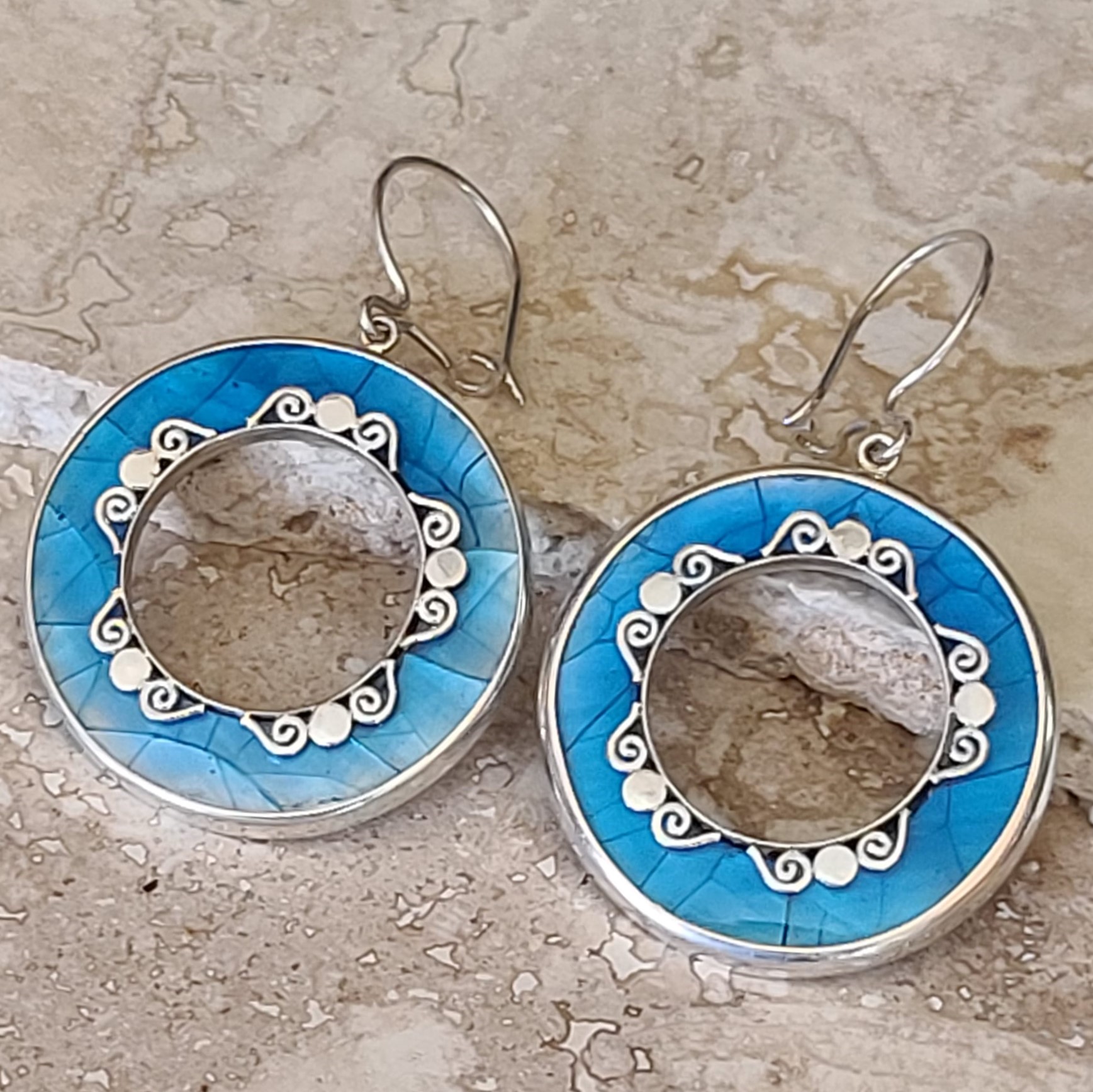 Turquoise Shell Hollow Circle 925 Sterling Silver Earrings