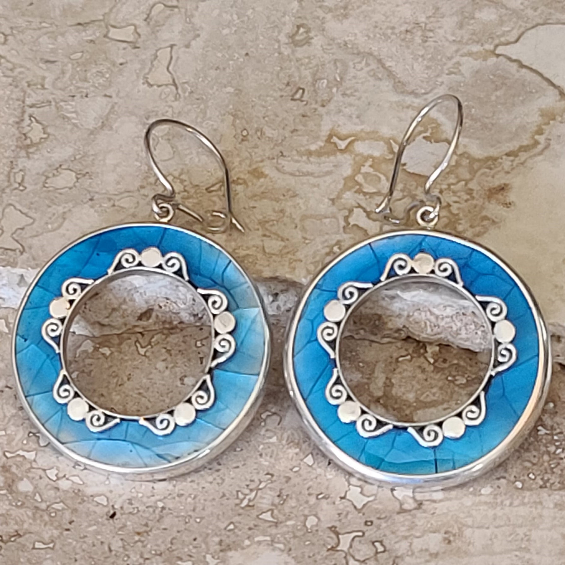 Turquoise Shell Hollow Circle 925 Sterling Silver Earrings