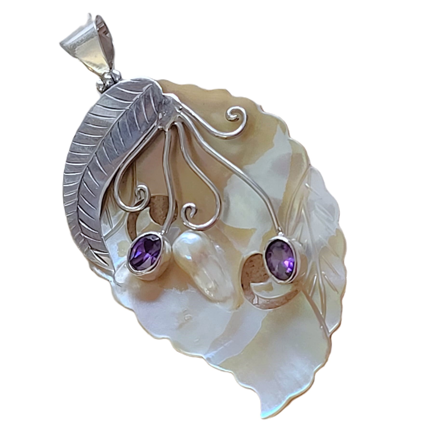 Mop Shell with Amethyst Gemstones 925 Sterling Silver Pendant - Click Image to Close