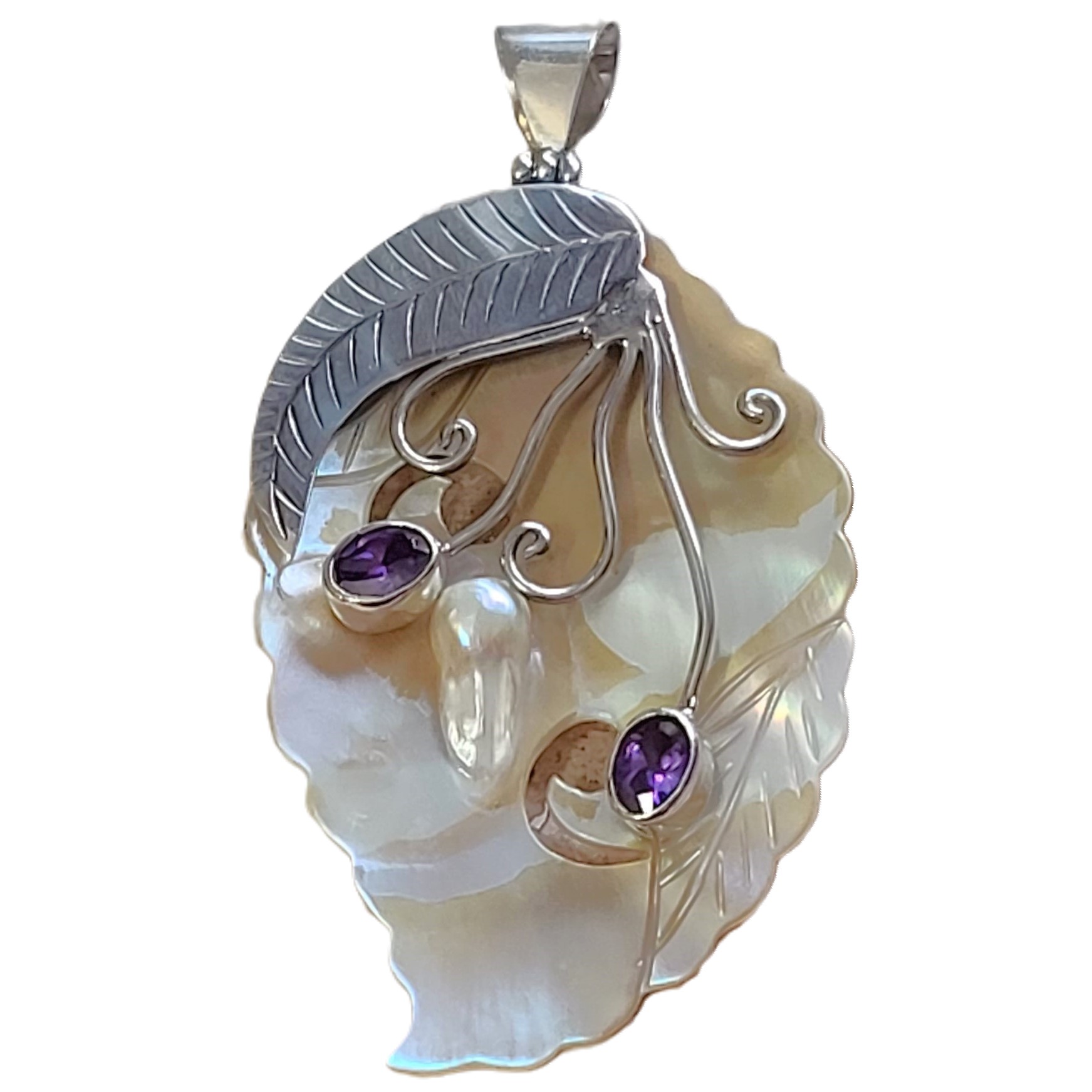 Mop Shell with Amethyst Gemstones 925 Sterling Silver Pendant