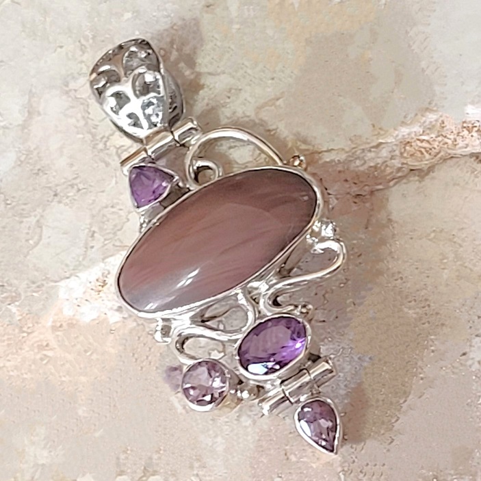 Amethyst and Gemstone Sterling Silver Pendant 2"