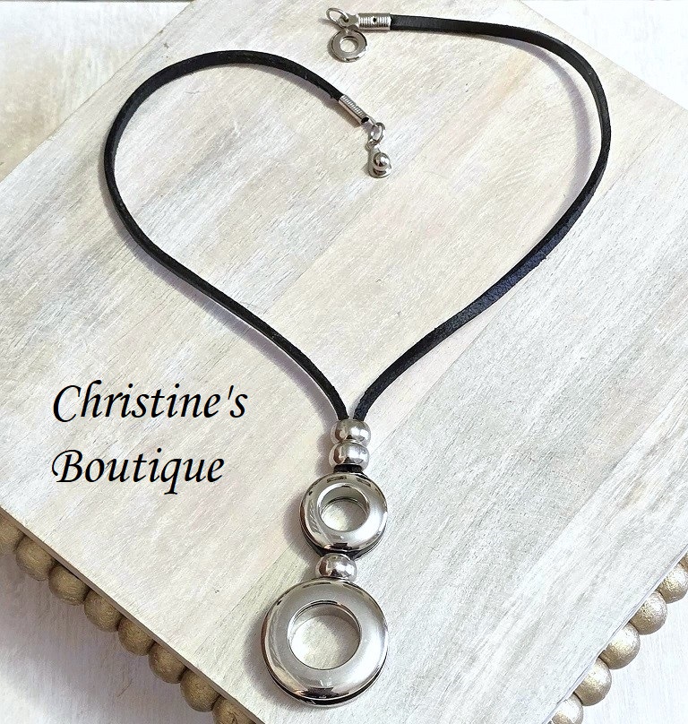 Modernist necklace handcrafted necklace, black leather and stainless steel 16" necklace - Click Image to Close