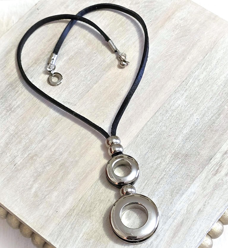 Modernist necklace handcrafted necklace, black leather and stainless steel 16" necklace