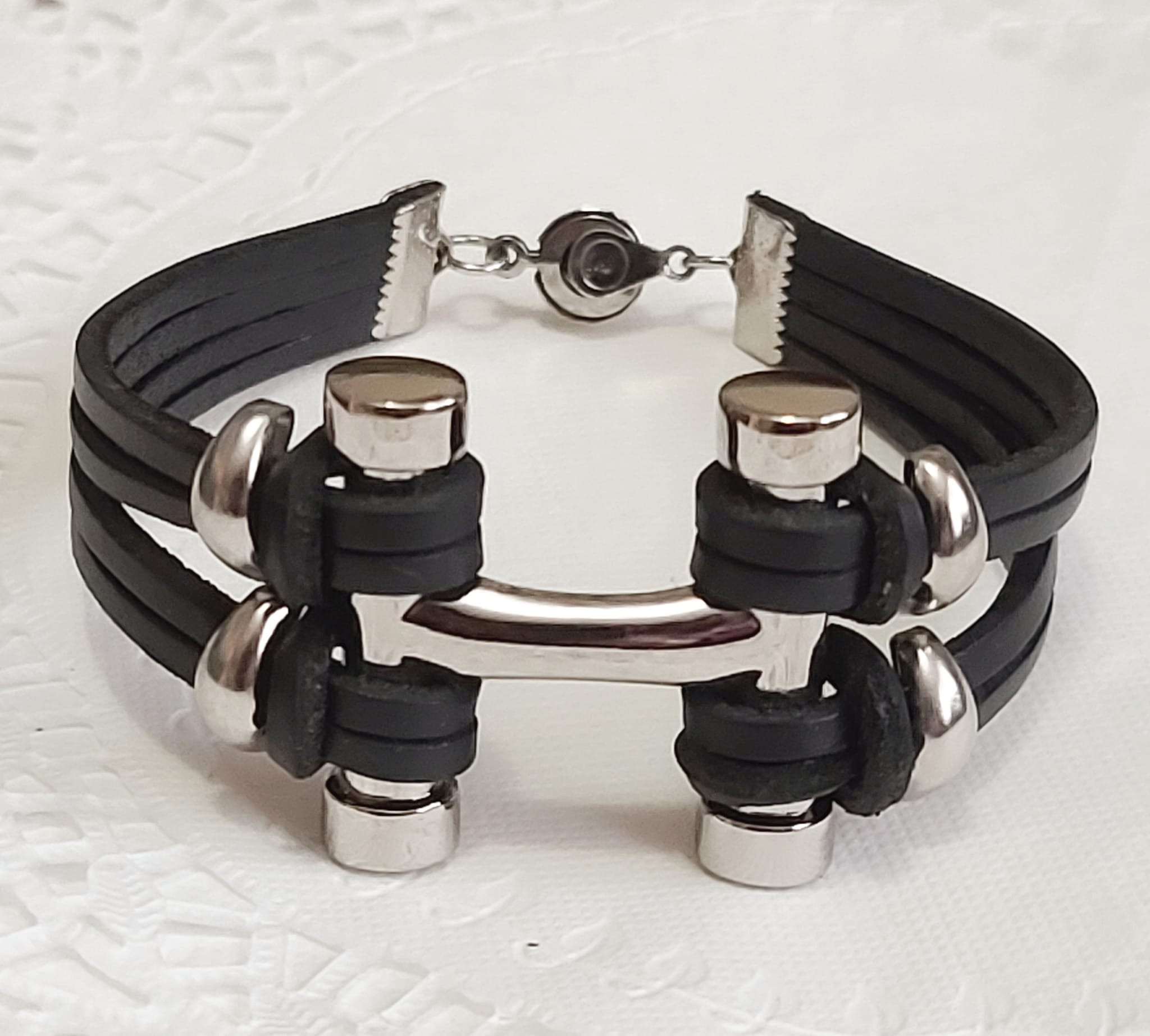 Black Leather and Stainless Steel Metal Bracelet 8.5" - Click Image to Close
