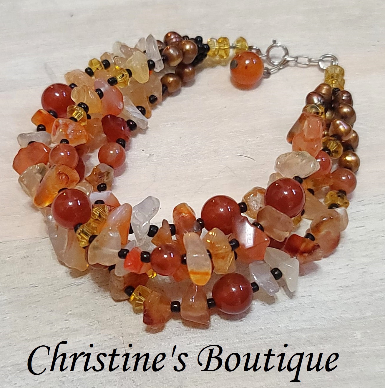 Gemstone bracelet, Agate, carnelian, freshwater pearl, sterling silver clasp - Click Image to Close