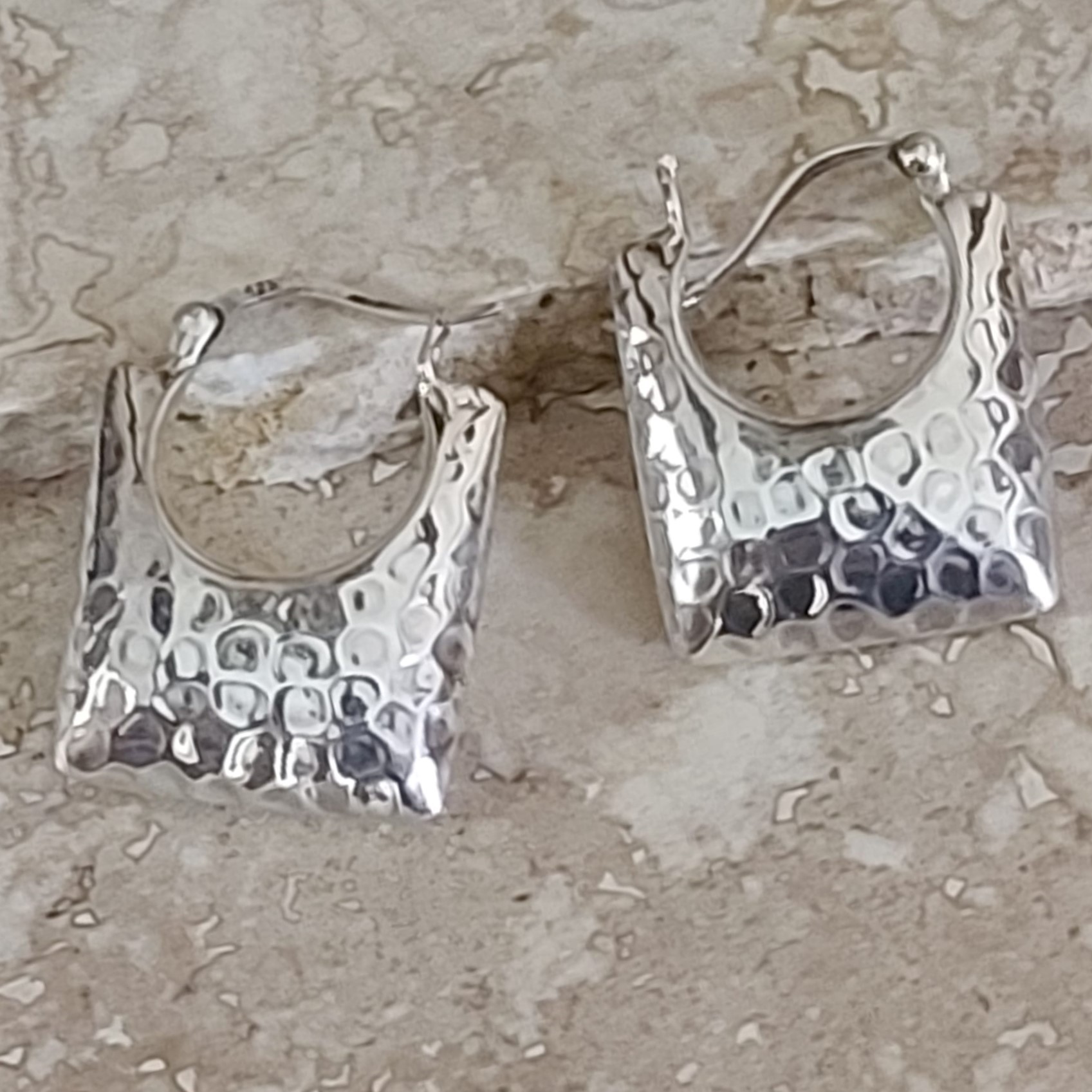 Puffed Square Hammered Look Sterling Silver Earrings