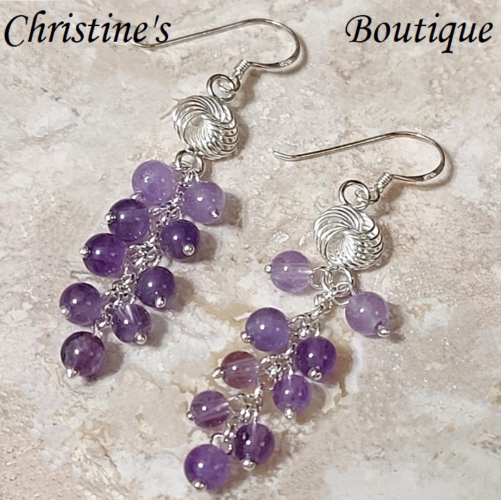 Amethyst Gemstones Grape Design Sterling Silver Earrings - Click Image to Close