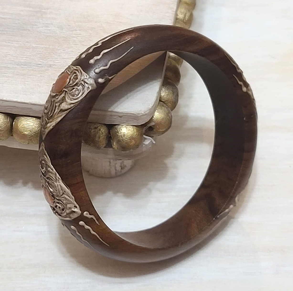 Wood bangle bracelet with copper accents