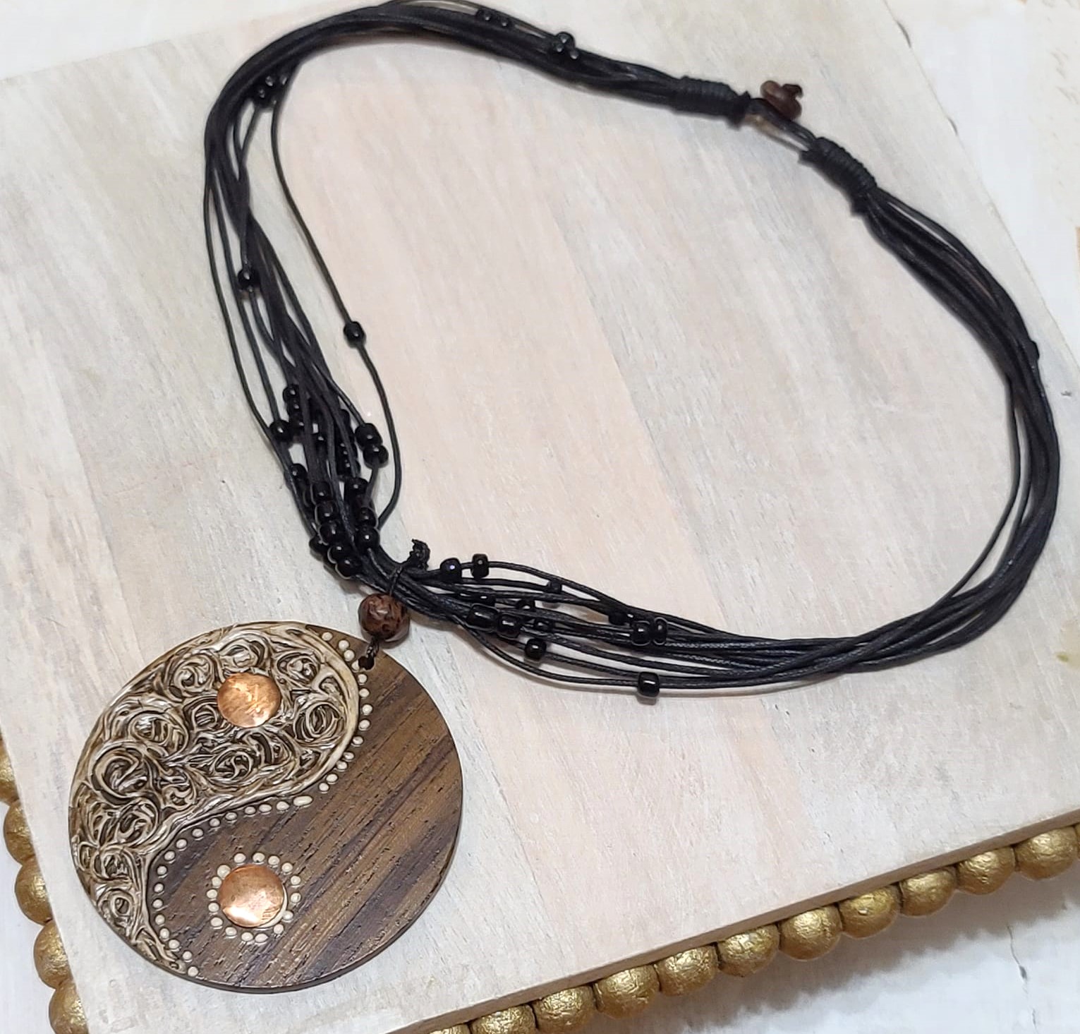 Copper and Wood Necklace Round Pendant