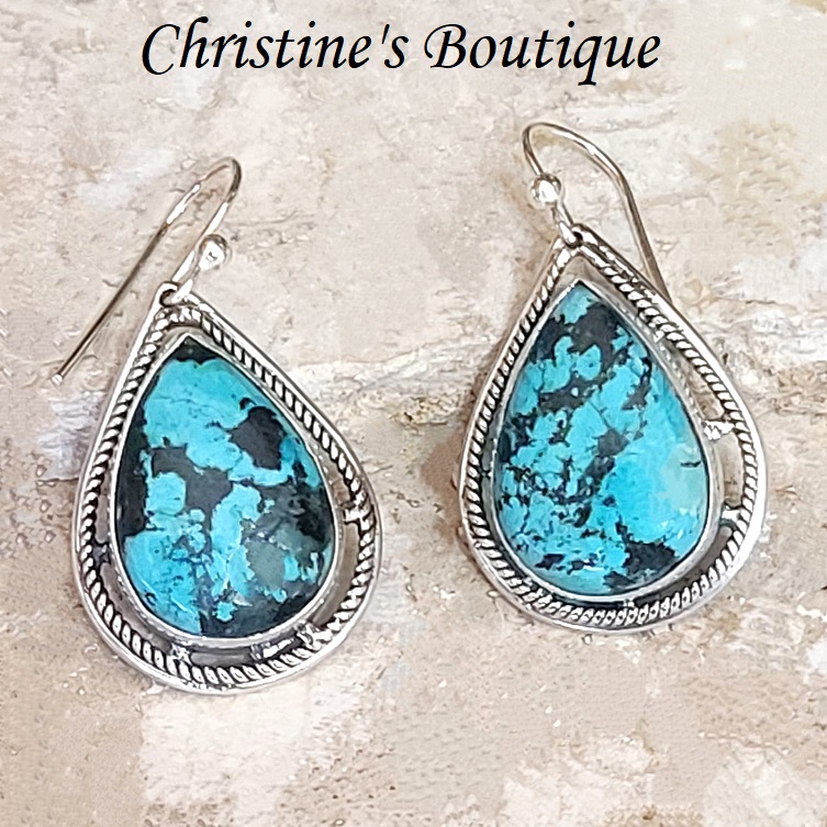 Turquoise gemstone earrings set in 925 sterling silver teardrop turquoise shaped - Click Image to Close