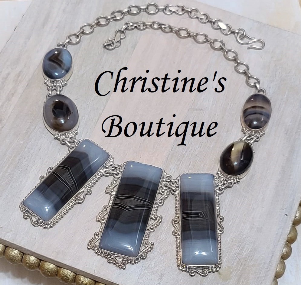 Botswana Blue & Brown Agate Set in 925 Sterling Silver Necklace