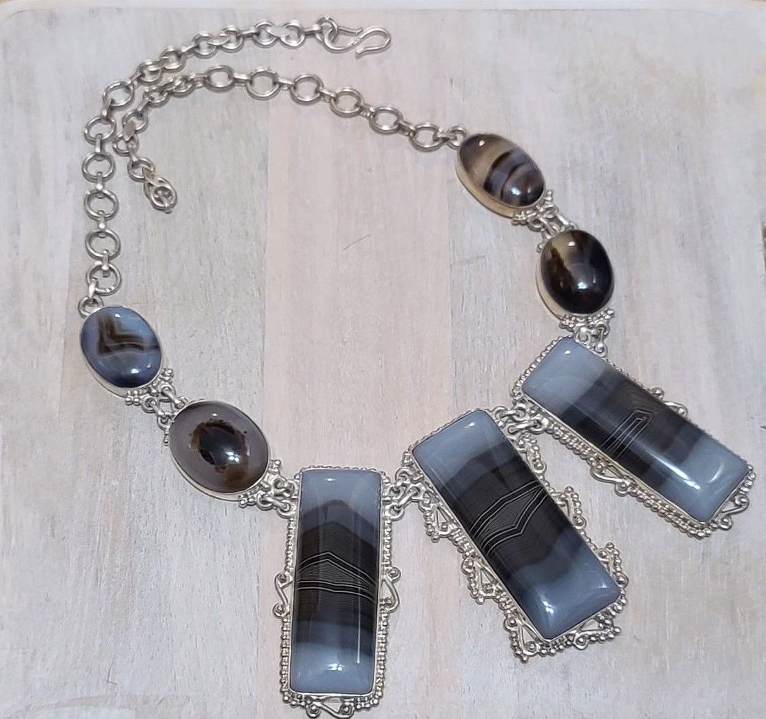 Botswana Blue & Brown Agate Set in 925 Sterling Silver Necklace