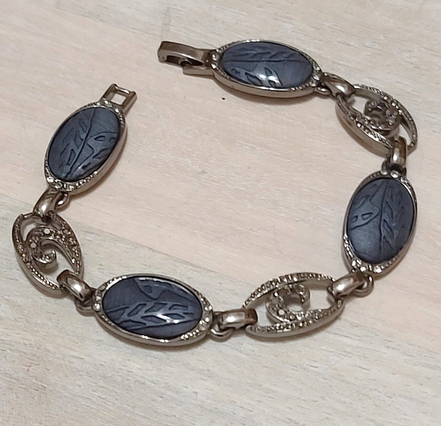 Carved Scarab and Marcasite Pewter Metal Bracelet
