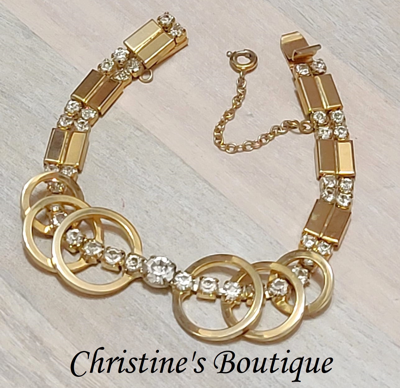 Art Deco Circle Rhinestone Link Bracelet w/Safety Chain - Click Image to Close