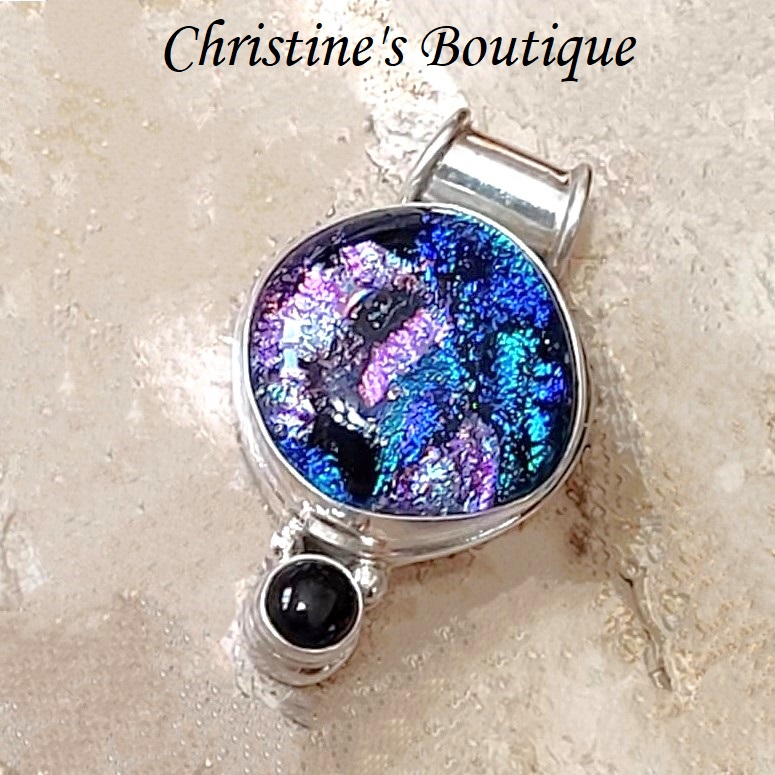 Dichroic glass pendant with black onyx set in 925 sterling silver