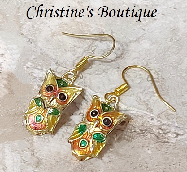 Cloisonne owl earrings, vintage pierced