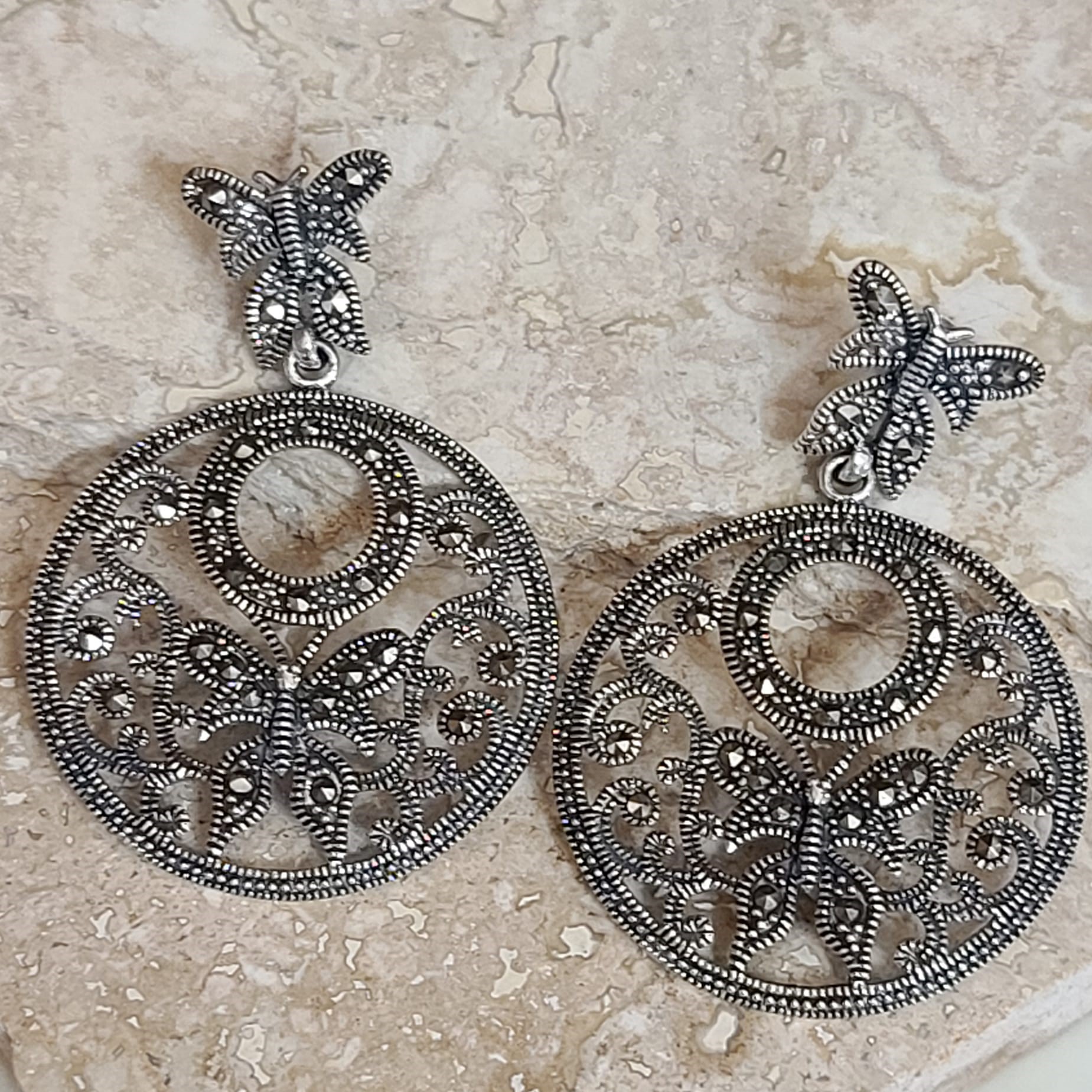 Marcasite and Sterling Silver Butterfly Earrings - Click Image to Close