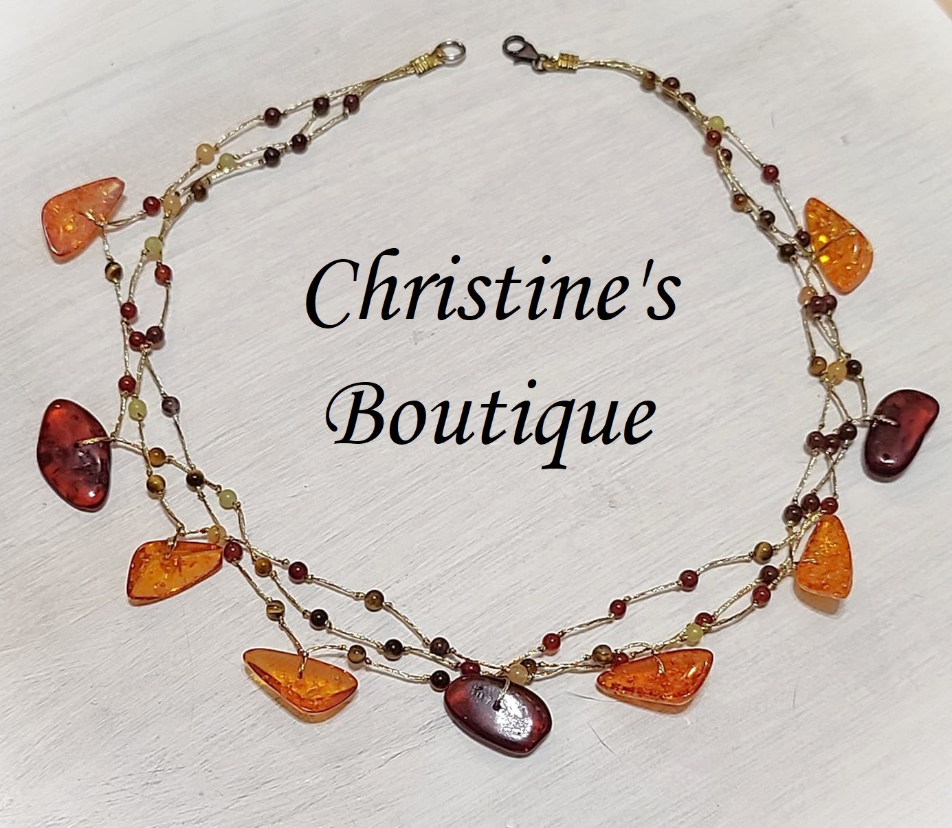Amber, Agate & Jade Silk Cord Necklace 16" - Click Image to Close