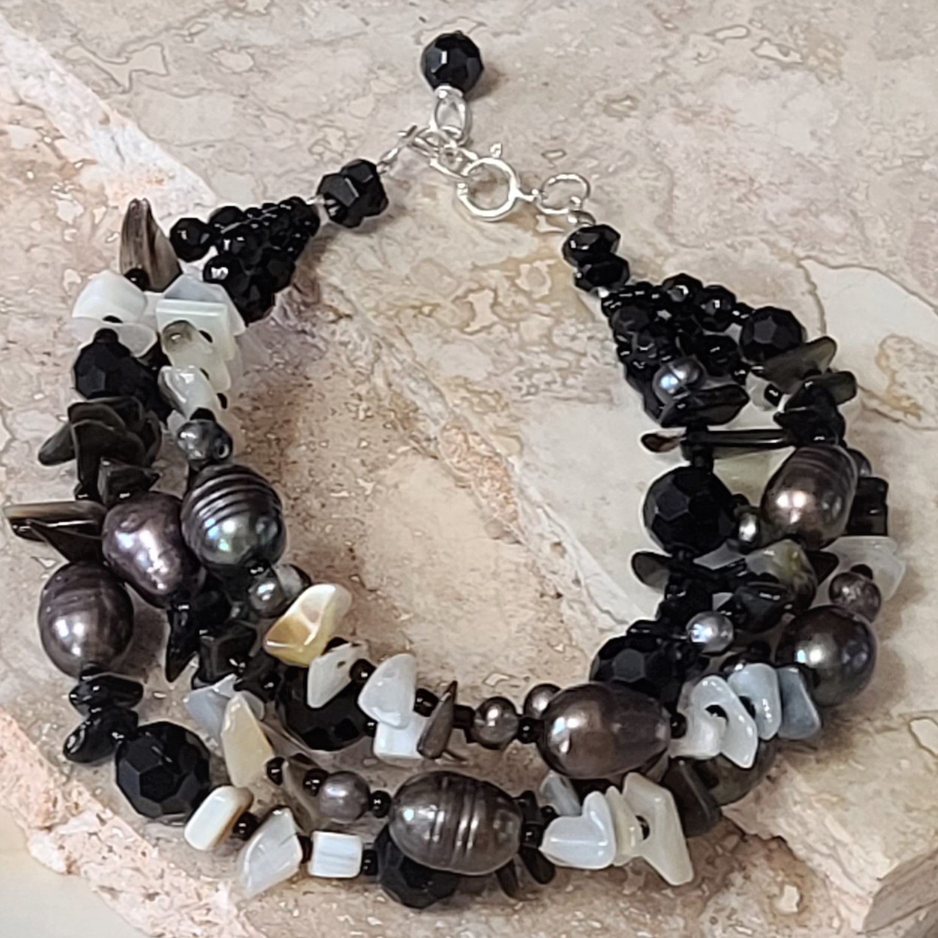 Black Onyx and Blister Pearl Sterling Silver 3 Row Bracelet - Click Image to Close