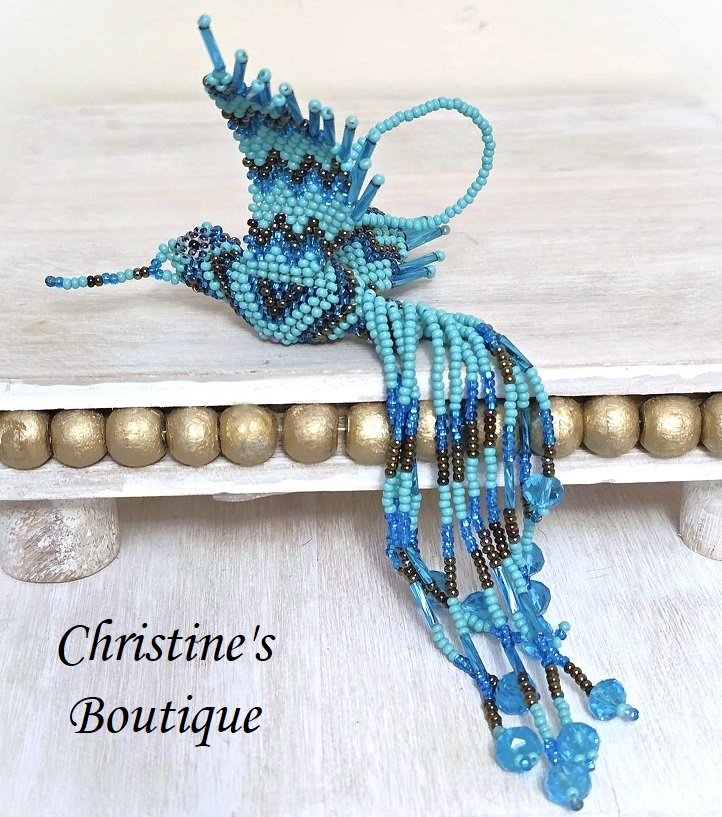 Beaded hummingbird, handmade glass seed bead bird ornament, long tail, turquoise and blue colors