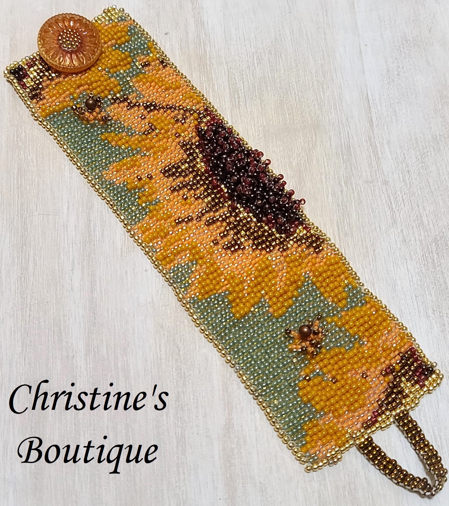 Sunflower bracelet handcrafted, miyuki glass beads, button clasp