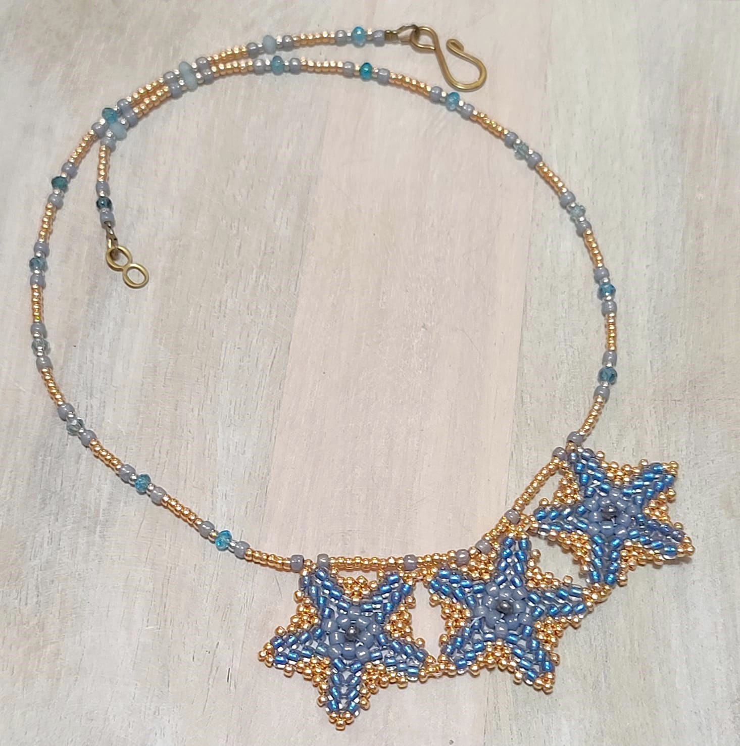 Starfish Necklace Miyuki glass beaded gold and blue