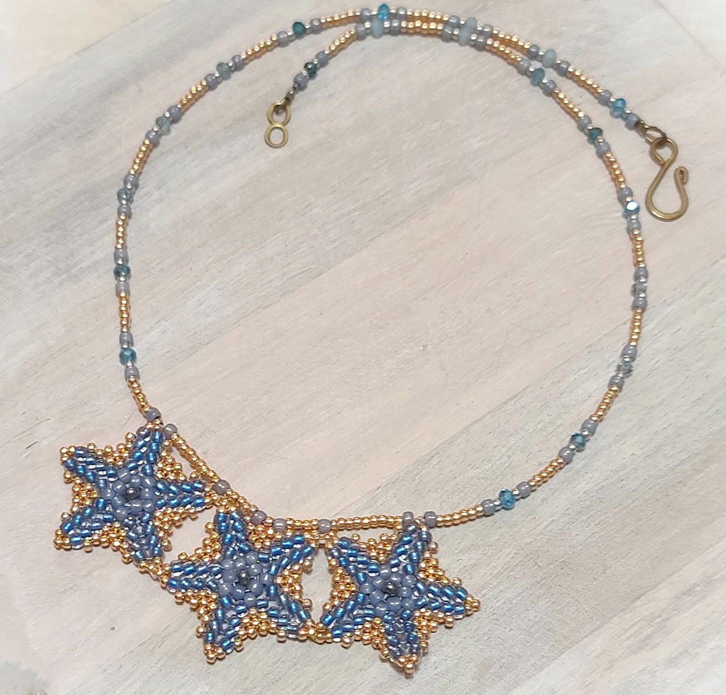 Starfish Necklace Miyuki glass beaded gold and blue