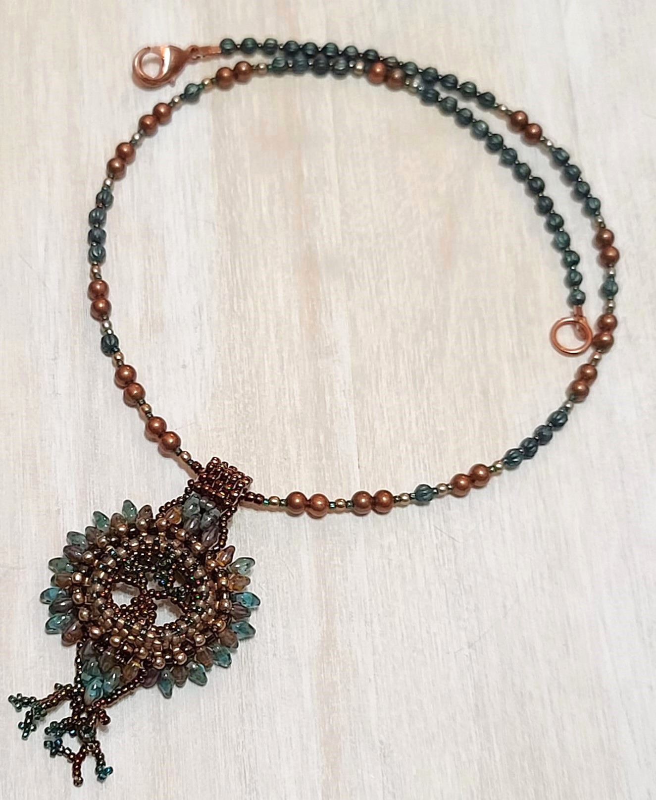 Tree of life pendant necklace, miyuki glass, pearls, crystals