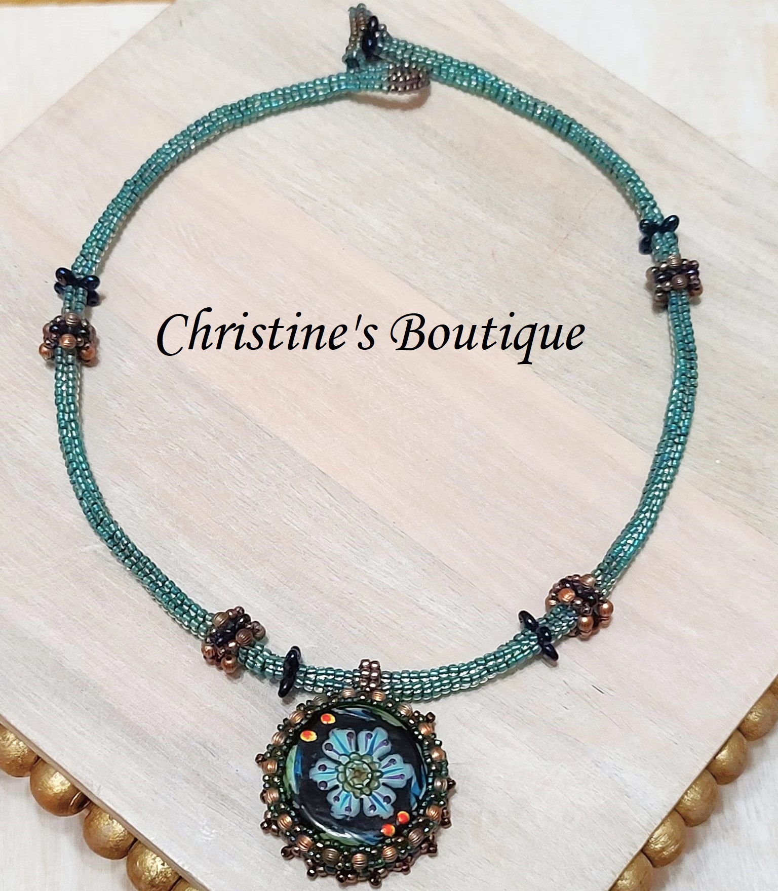 Center ceramic bead embroidery pendant necklace