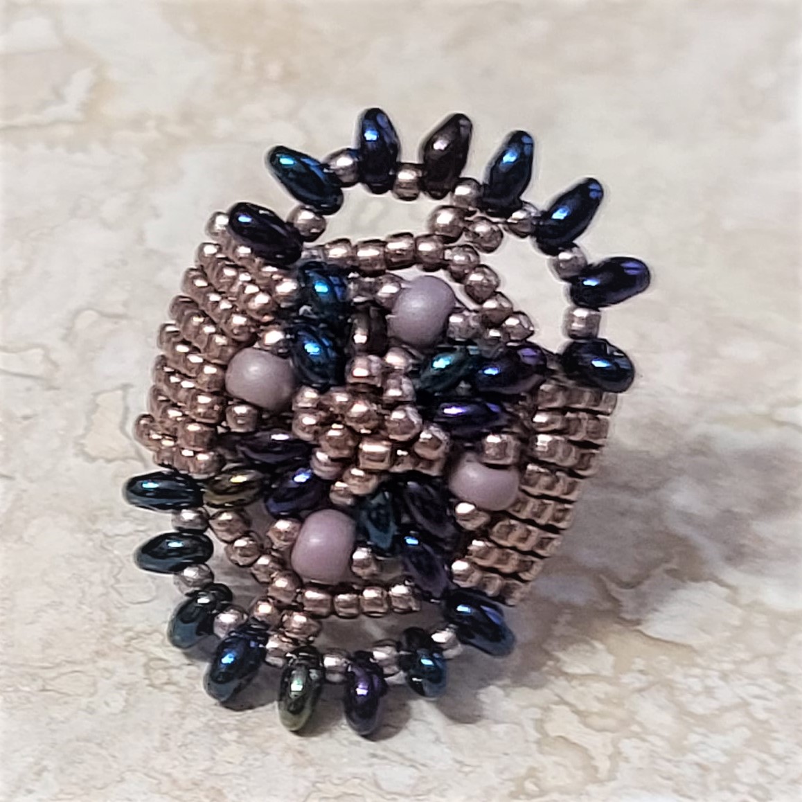 Purple and Blue Iris Glass Beadwoven Ring