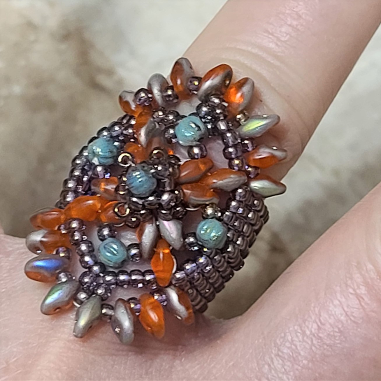 Turquoise and Orange Southewest Design Beadwoven Ring