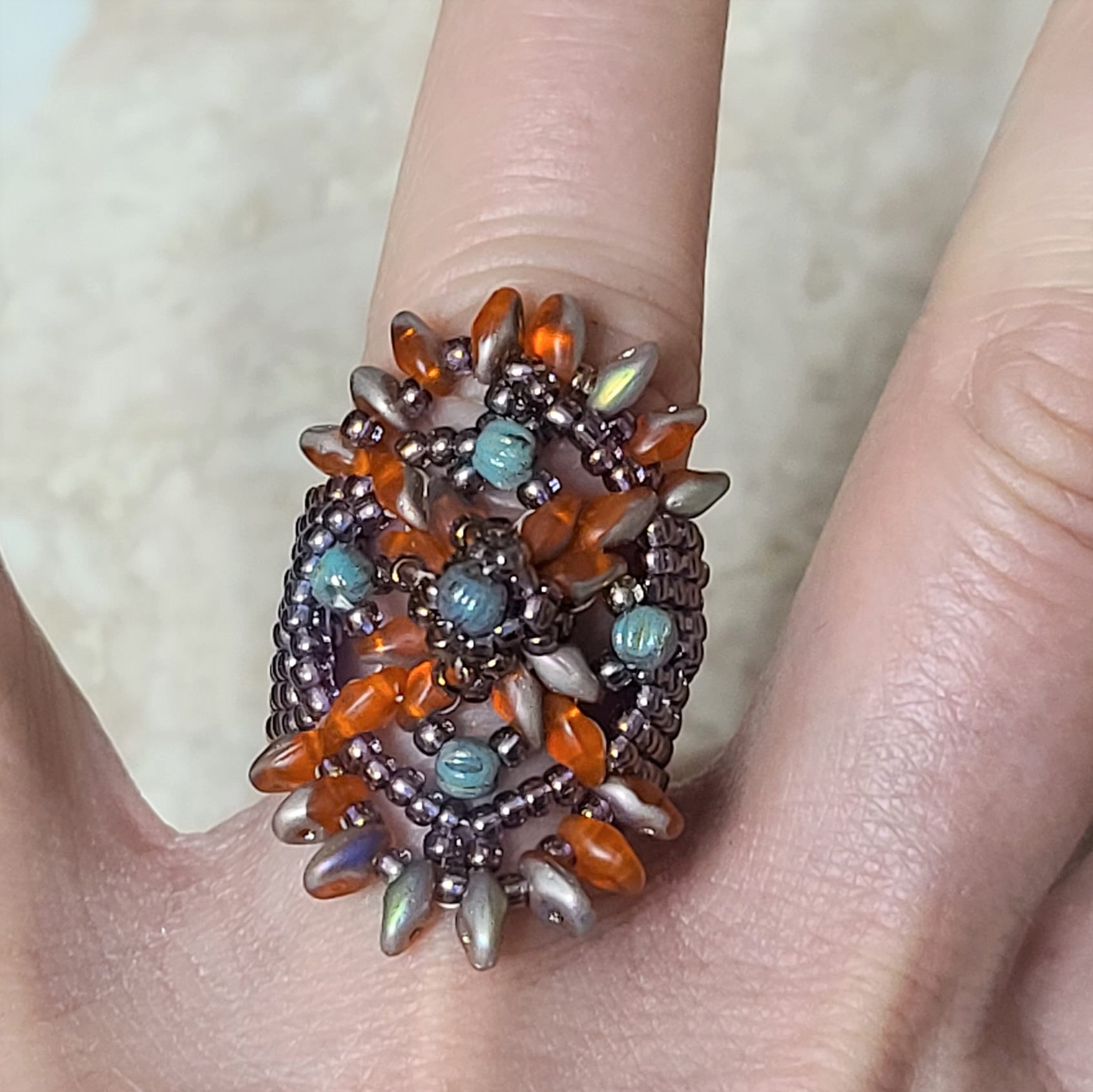 Turquoise and Orange Southewest Design Beadwoven Ring