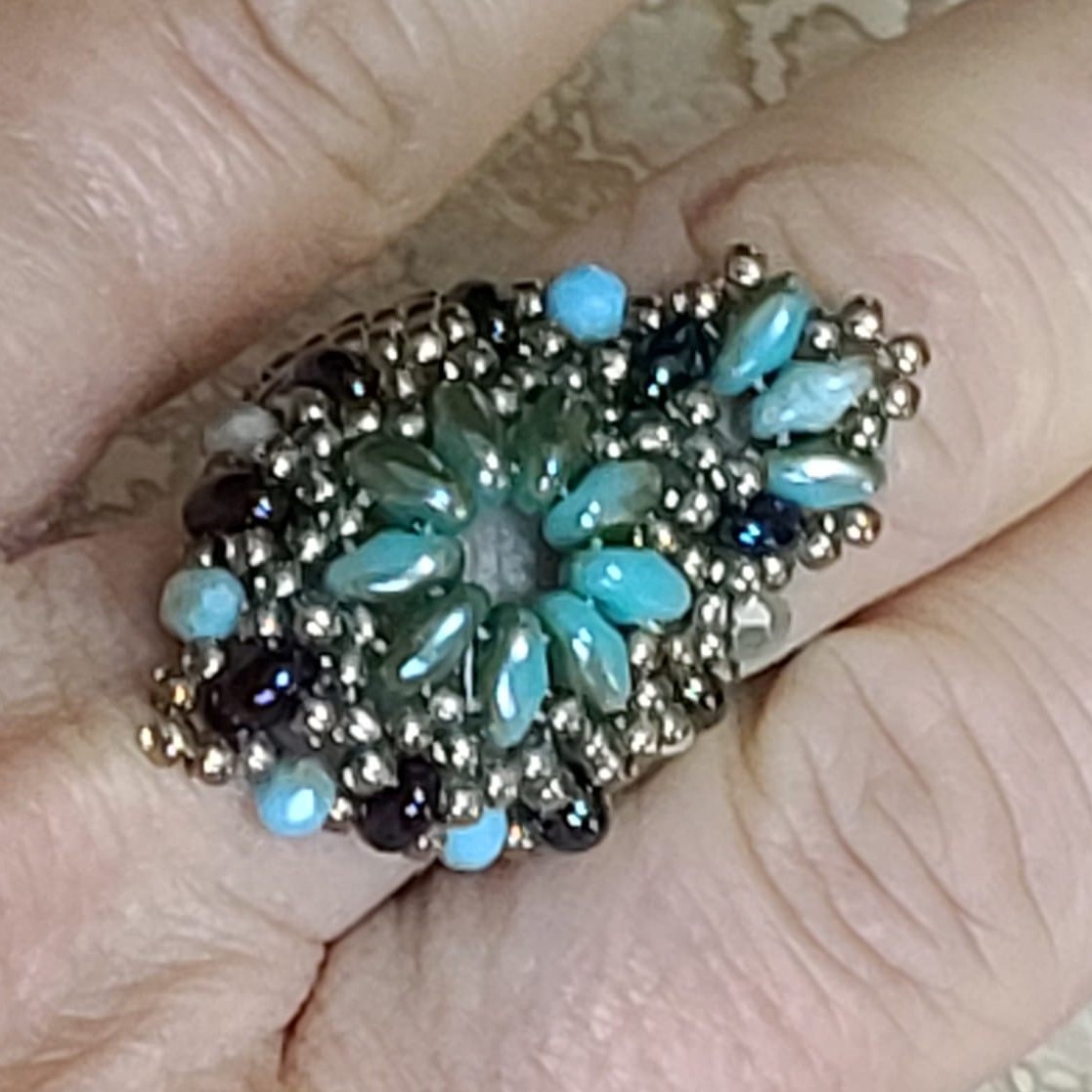 Turquoise and Blue Iris Glass Beadwoven Ring - Click Image to Close