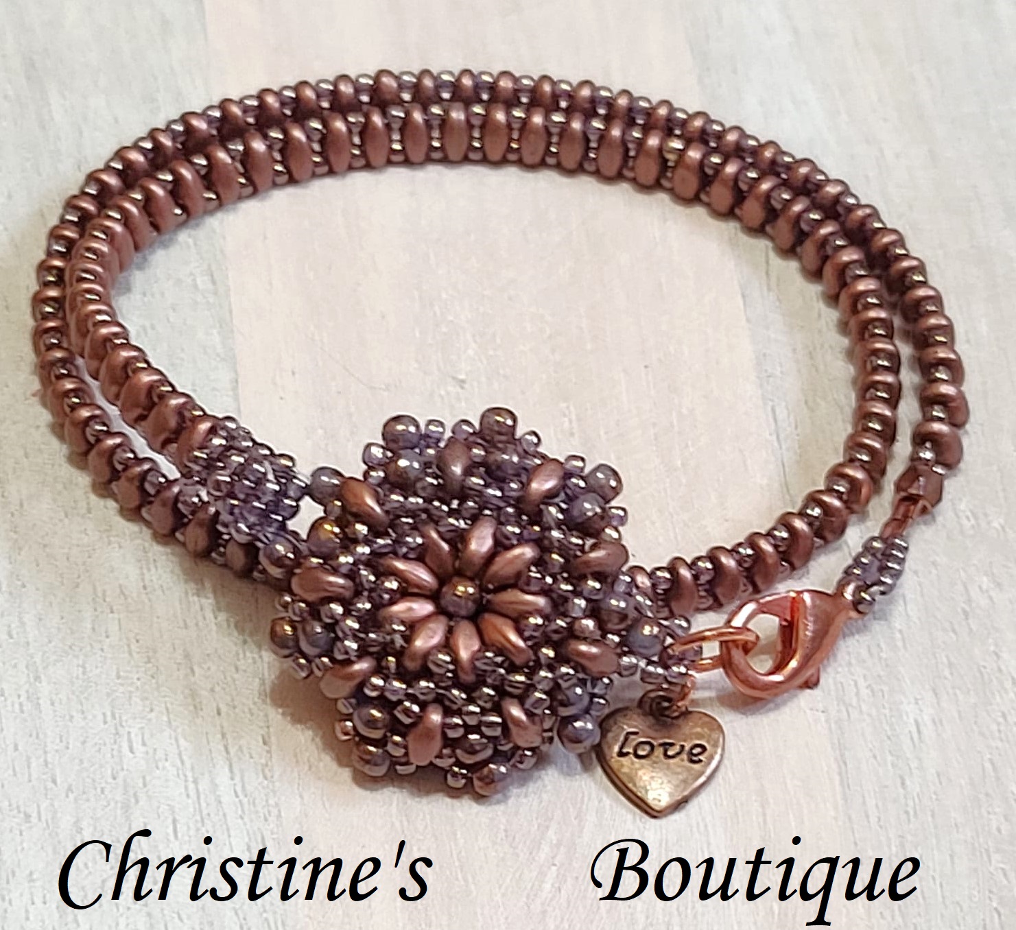 Wrap bracelet, medallion center, miyuki glass, 2 row, love charm - Click Image to Close