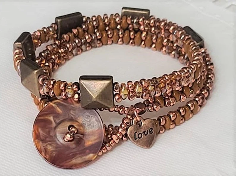 Wrap bracelet, 3 row, amber glass, crystals and studs,love charm