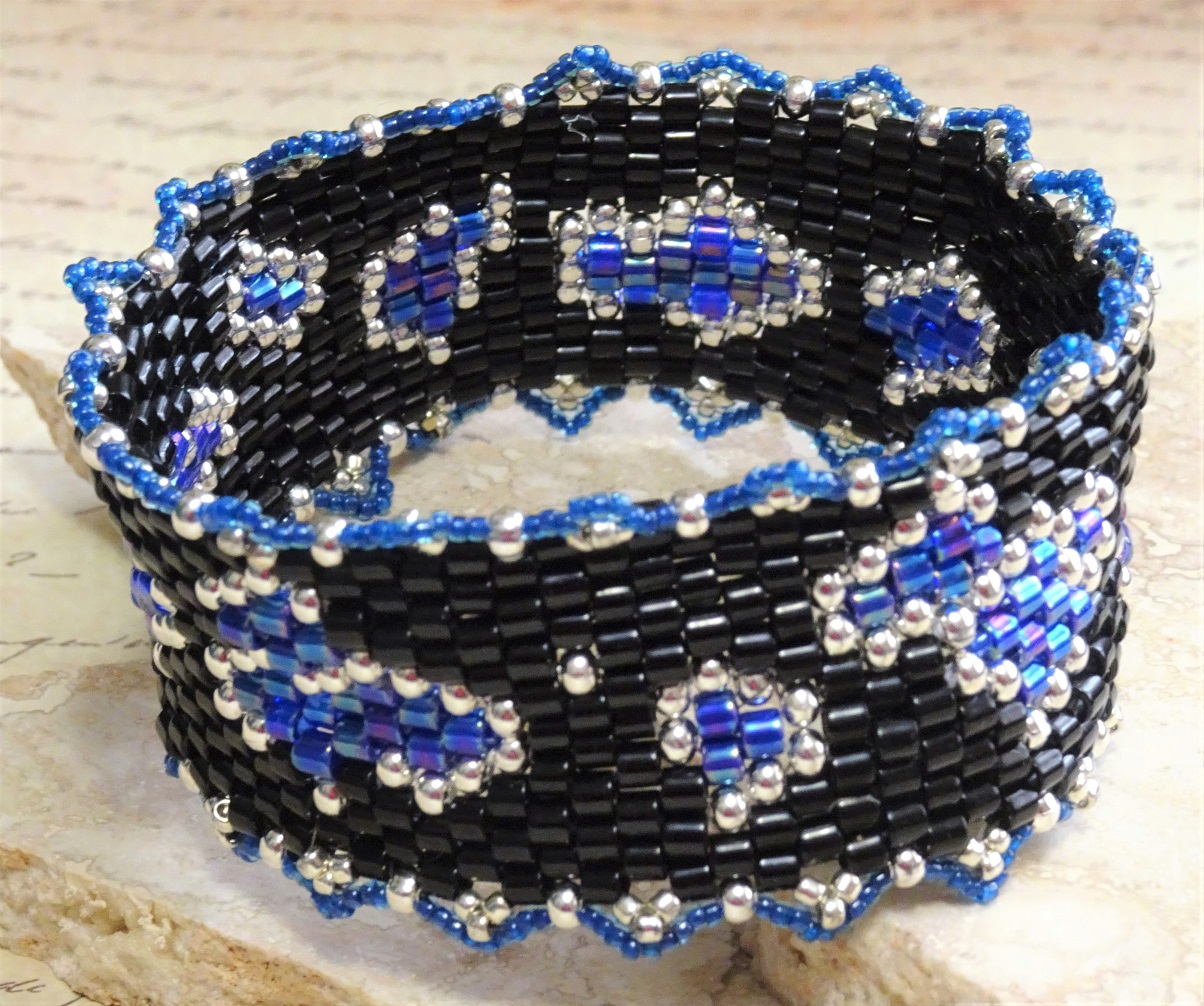 Handmade Peyote Stitch Blue and Silver Accent Bangle Bracelet