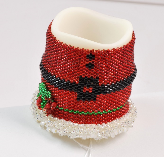 Peyote Stitched Red Glass Seed Bead Candle Holder w/ Candle - Click Image to Close