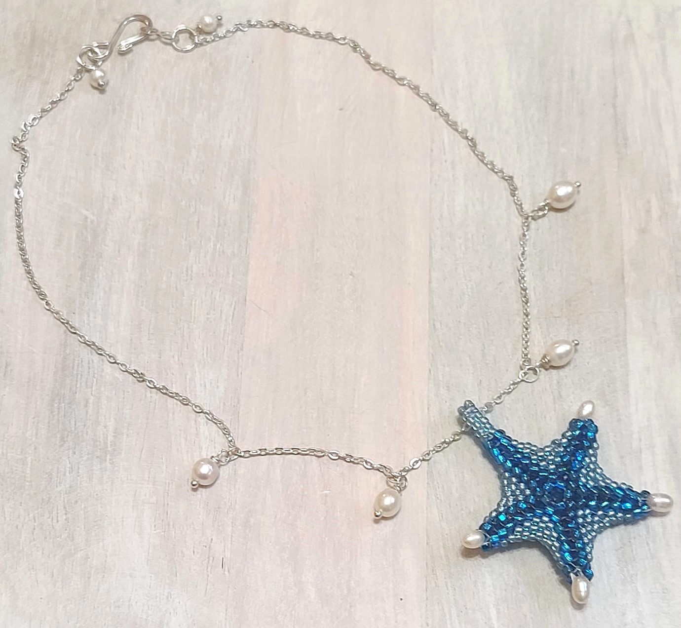 Starfish pendant handcrafted w pearls, sterling silver necklace