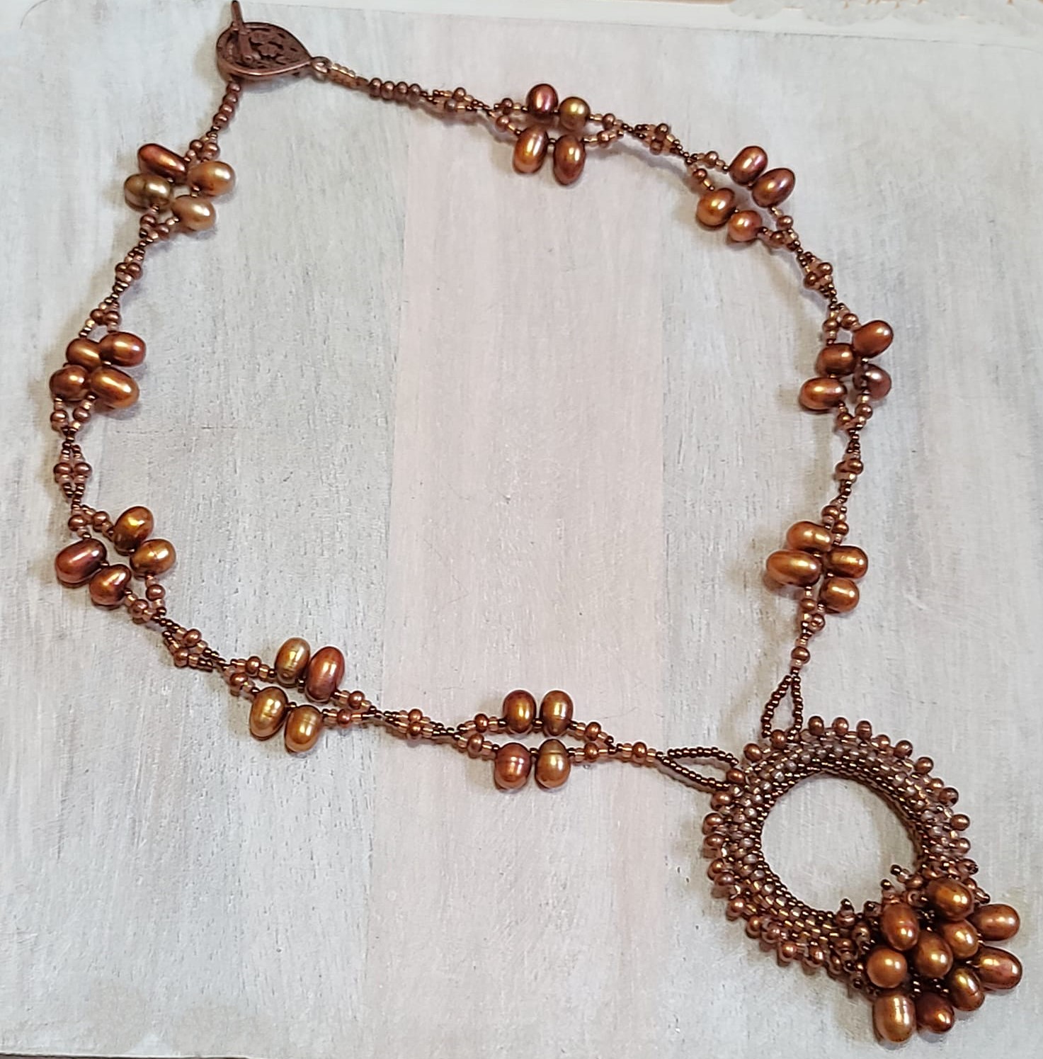 bronze pearl necklace, circle pendant, handcrafted, miyuki glass