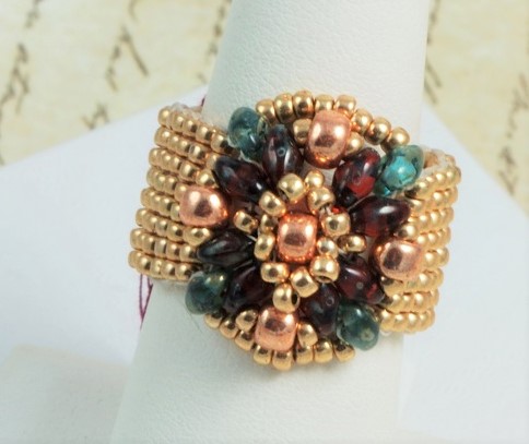 Royal Gold with Red and Green Glass Ring Hand Stitched - Click Image to Close