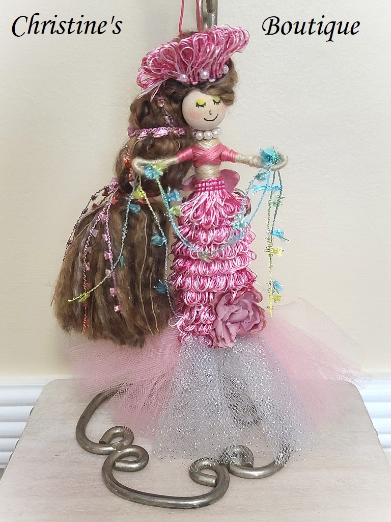 Whimsical mermaid doll, doll ornament, handmade doll, handmade mermaid, pink mermaid