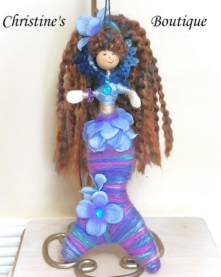 Whimsical mermaid doll, doll ornament, handmade doll, handmade mermaid, blue purple mermaid - Click Image to Close