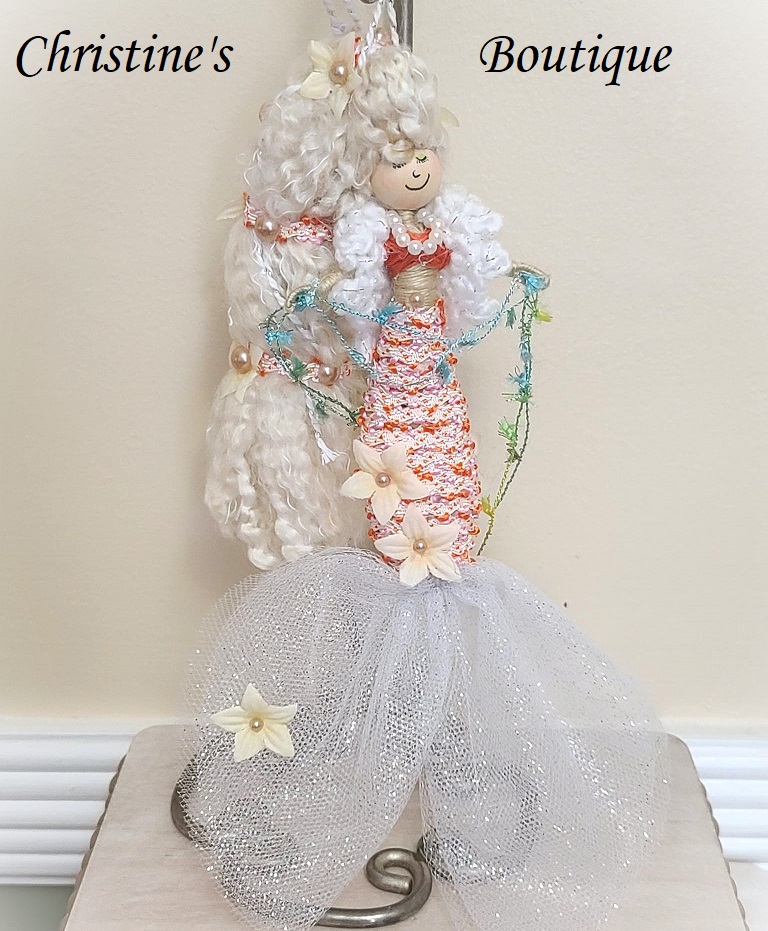Whimsical mermaid doll, doll ornament, handmade doll, handmade mermaid. peach color mermaid