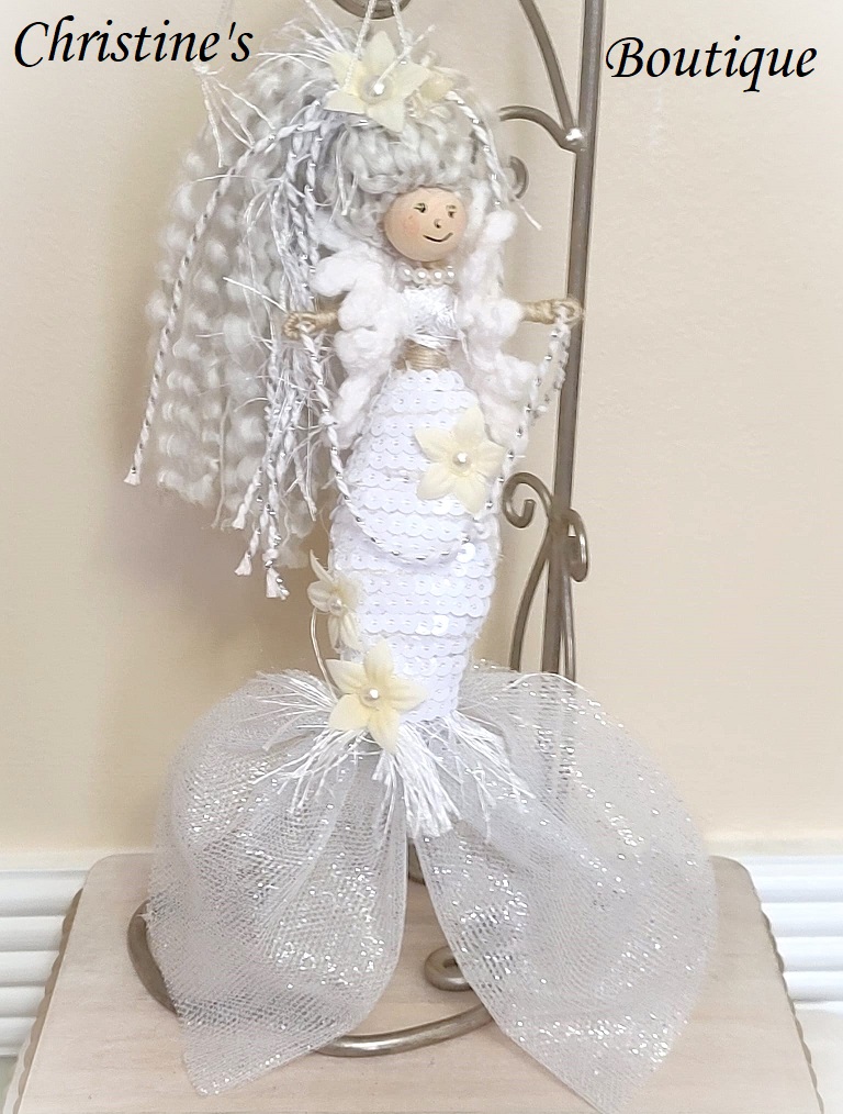 Whimsical mermaid doll, doll ornament, handmade doll, handmade mermaid. white mermaid