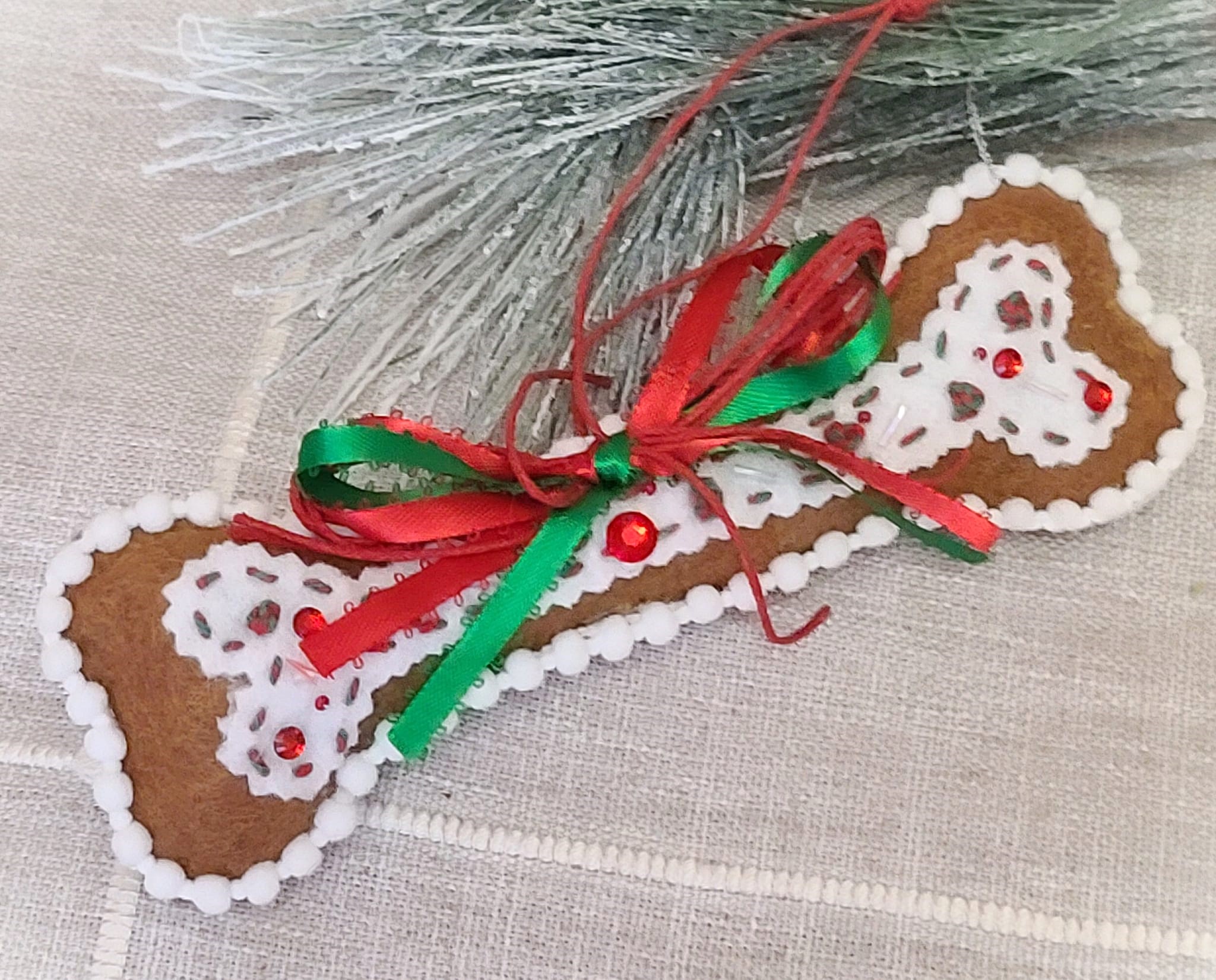 Dog bone ornament cookie dough felt with green and red
