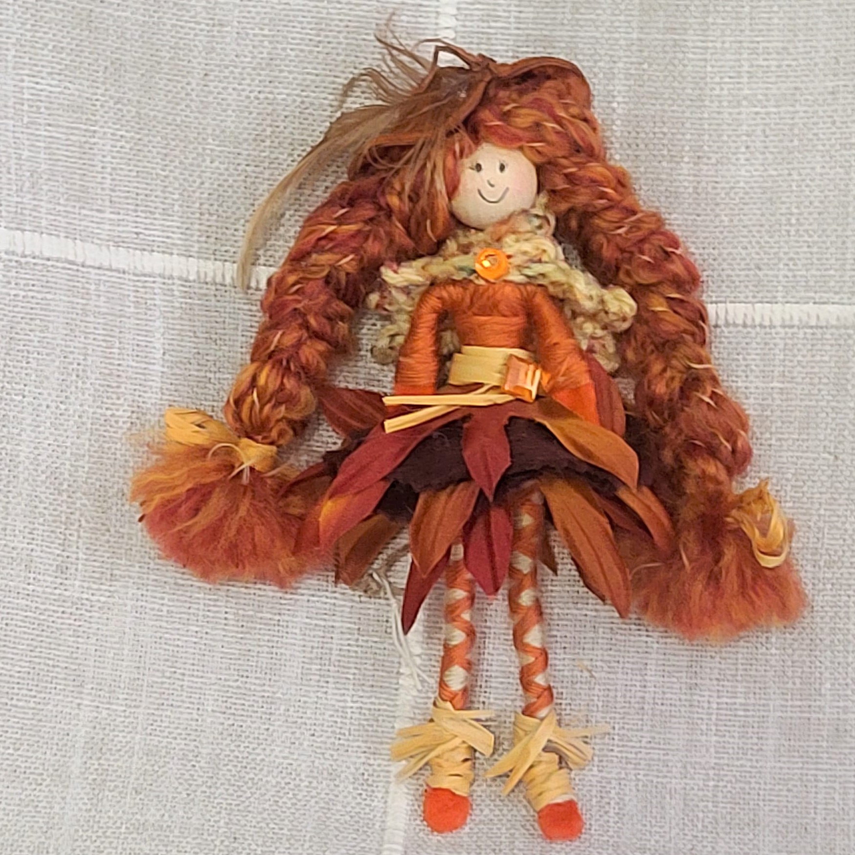 Handmade Autumn Robin Hood Doll with Feather in Hat - Click Image to Close